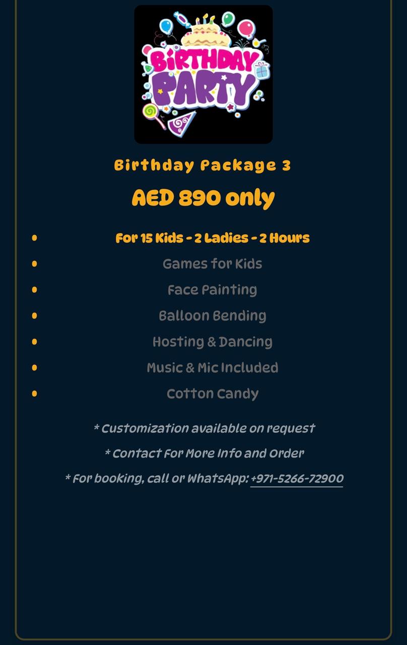 Birthday Package 3 flyer with 2 ladies, games, face painting, balloon bending, music, mic, and cotton candy